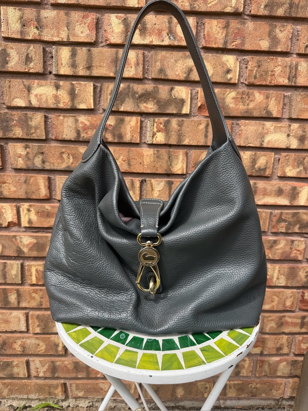 Dooney & Bourke Charcoal Gray Pebbled Leather Shoulder Bag with Gold Hardware